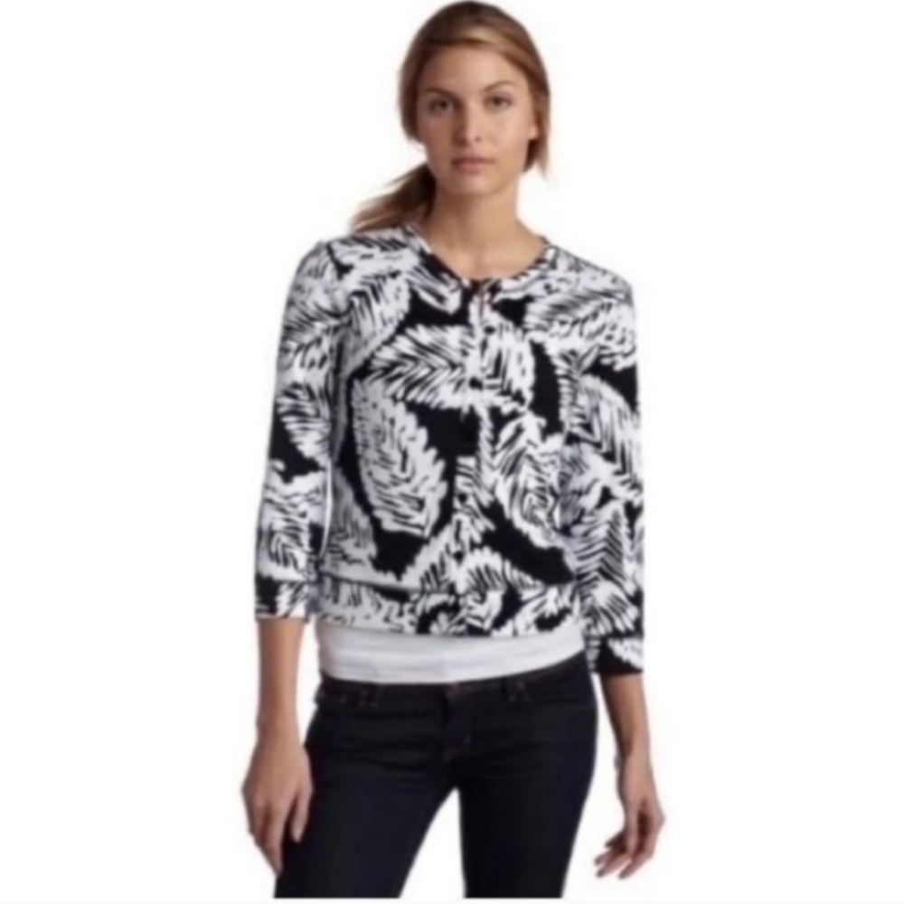 Rafaella Women's Cardigan Floral Black White 100% Cotton Sweater Top Size Large.